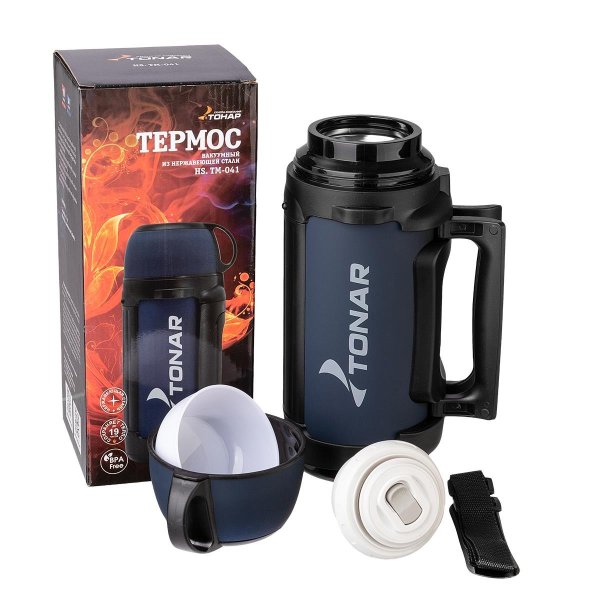 Термос 1700ML (крышка-кружка с ручк, доп.пл.чашка, скл.ручки, ремень) TONAR