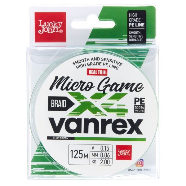 Леска плетеная (шнур) Lucky John Vanrex MICRO GAME х4 BRAID Fluo Green 125/010