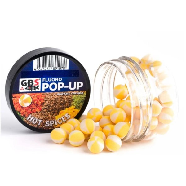 Бойлы GBS Baits Pop-up плавающие (банка) 10мм 55гр Hot Spices желтый/белый