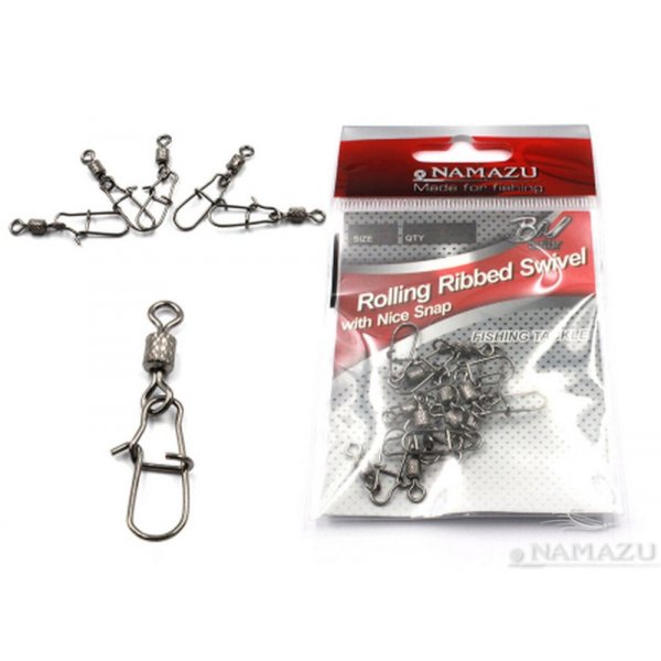 Вертлюг с застежкой Namazu ROLLING RIBBED SWIVEL WITH NICE SNAP, цв. BN, р. 3, test-57 кг, катаный (