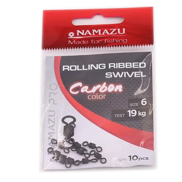 Вертлюг Namazu Pro ROLLING RIBBED SWIVEL, латунь, цв. Carbon, р. 6, test-19 кг (уп. 10 шт.)