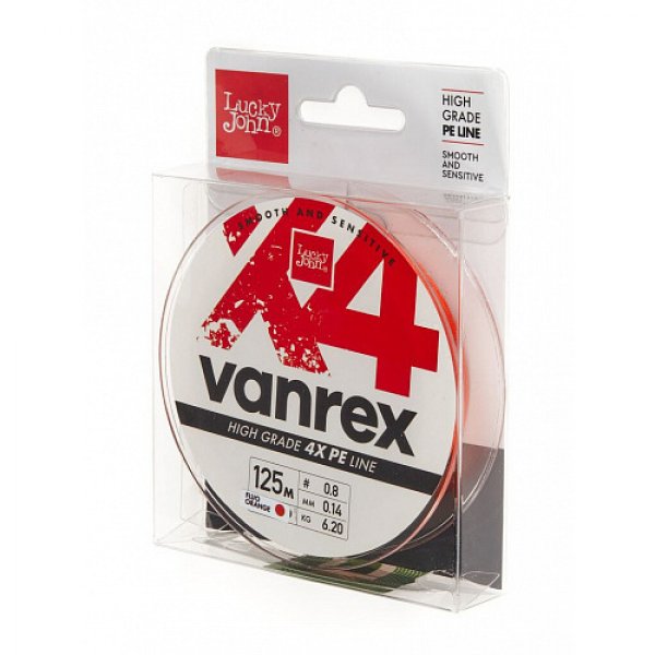 Леска плетеная (шнур) Lucky John Vanrex х4 BRAID Fluo Orange / 0,14мм / 125м