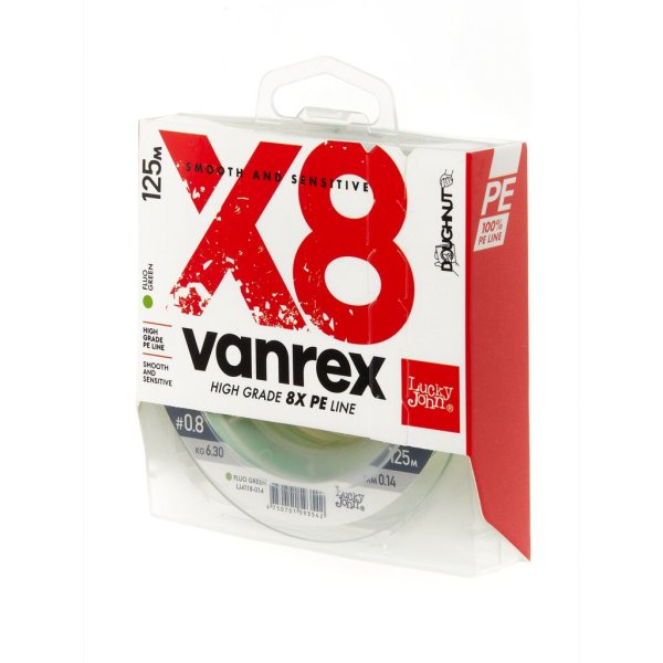 Леска плетеная (шнур) Lucky John Vanrex х8 BRAID Fluo Green / 0,12мм / 125м