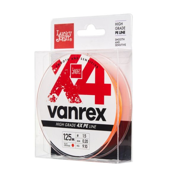 Леска плетеная (шнур) Lucky John Vanrex х4 BRAID Fluo Orange / 0,08мм / 125м